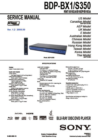 SONY BDP-BX1 S350 BLU-RAY DISC DVD PLAYER SERVICE MANUAL VER 1.2 INC BLK DIAGS PCBS SCHEM DIAGS AND PARTS LIST 129 PAGES ENG