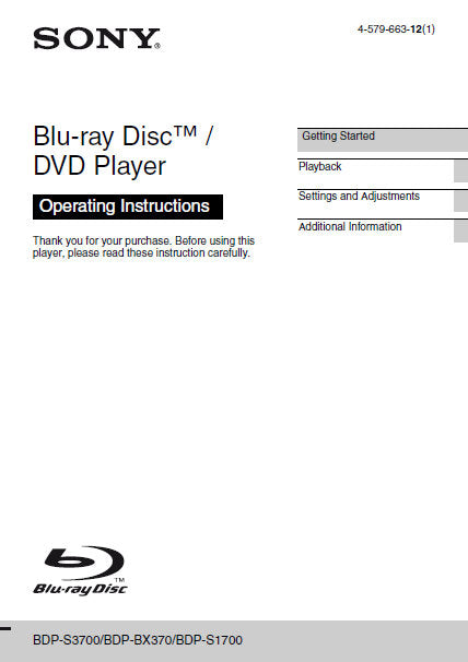 SONY BDP-BX370 BDP-S1700 BDP-S3700 BLU-RAY DISC DVD PLAYER OPERATING INSTRUCTIONS 44 PAGES ENG