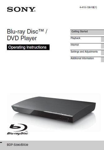 SONY BDP-BX39 BDP-S390 BLU-RAY DISC DVD PLAYER OPERATING INSTRUCTIONS 40 PAGES ENG