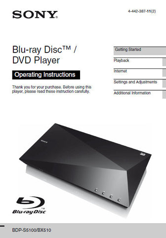 SONY BDP-BX510 BDP-S5100 BLU-RAY DISC DVD PLAYER OPERATING INSTRUCTIONS 44 PAGES ENG