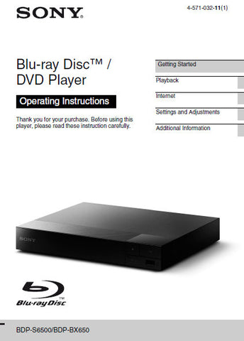 SONY BDP-BX650 BDP-S6500 BLU-RAY DISC DVD PLAYER OPERATING INSTRUCTIONS 48 PAGES ENG