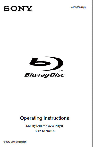 SONY BDP-S1700ES BLU-RAY DISC DVD PLAYER OPERATING INSTRUCTIONS 39 PAGES ENG