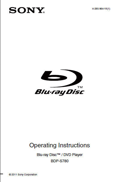 SONY BDP-S780 BLU-RAY DISC DVD PLAYER OPERATING INSTRUCTIONS 44 PAGES ENG