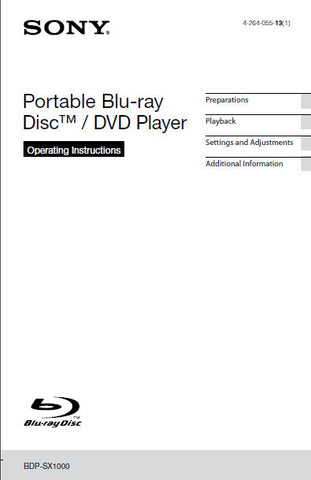 SONY BDP-SX1000 PORTABLE BLU-RAY DISC DVD PLAYER OPERATING INSTRUCTIONS 32 PAGES ENG