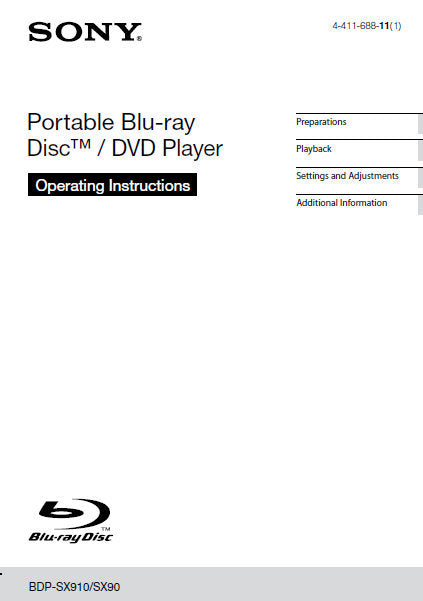 SONY BDP-SX90 BDP-SX910 PORTABLE BLU-RAY DISC DVD PLAYER OPERATING INSTRUCTIONS 28 PAGES ENG