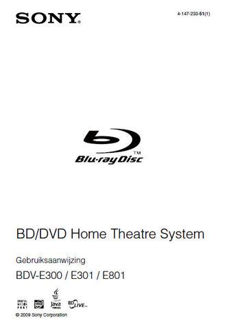 SONY BDV-E300 BDV-E301 BDV-E801 BD DVD HOME THEATRE SYSTEM GEBRUIKSAANWIJZING 115 PAGES