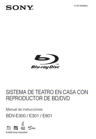 SONY BDV-E300 BDV-E301 BDV-E801 SISTEMA DE TEATROEN CASA CON REPRODUCTOR DE BD DVD MANUAL DE INSTRUCCIONES 123 PAGES ESP