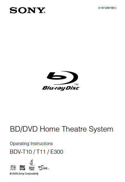 SONY BDV-E300 BDV-T10 BDV-T11 BD DVD HOME THEATRE SYSTEM OPERATING INSTRUCTIONS 119 PAGES ENG