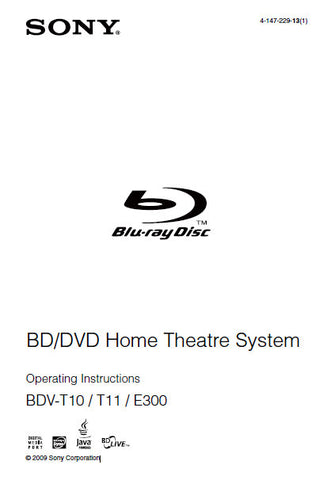 SONY BDV-E300 BDV-T10 BDV-T11 BD DVD HOME THEATRE SYSTEM OPERATING INSTRUCTIONS 119 PAGES ENG