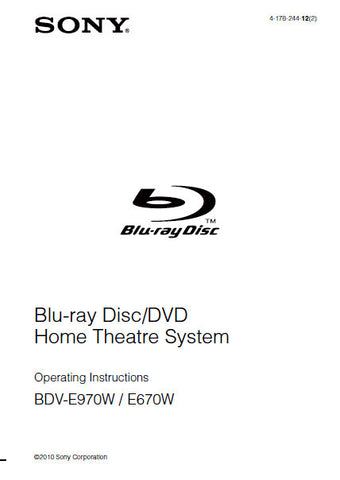 SONY BDV-E970W BDV-E670W BLU-RAY DISC DVD HOME THEATRE SYSTEM OPERATING INSTRUCTIONS 84 PAGES ENG