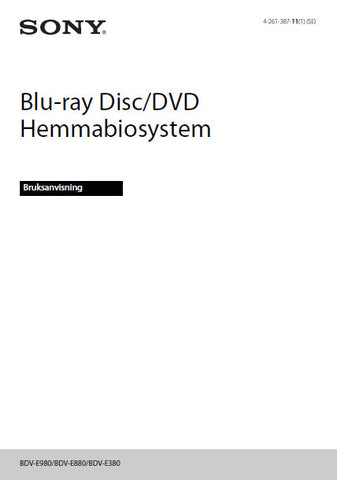 SONY BDV-E980 BDV-E880 BDV-E380 BLU-RAY DISC DVD SYSTEM BRUKSANVISNING 80 PAGES SWEDISH