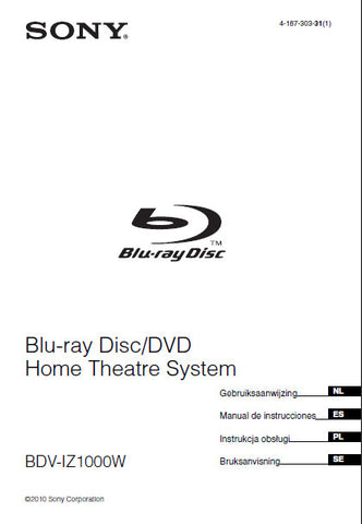SONY BDV-IZ1000W BLU-RAY DISC DVD HOME THEATRE SYSTEM GEBRUIKSAANWIJZING 371 PAGES NL ESP PL SE