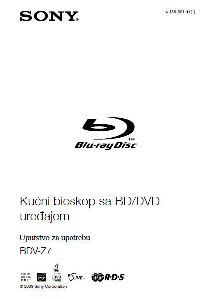 SONY BDV-Z7 BLU-RAY DISC KUCNI BIOSKOP SA BD DVD UREDAJEM UPUTSTVO ZA UPOTREBU 100 PAGES SR