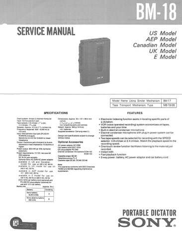 SONY BM-18 PORTABLE DICTATOR SERVICE MANUAL INC PCBS SCHEM DIAGS AND PARTS LIST 22 PAGES ENG