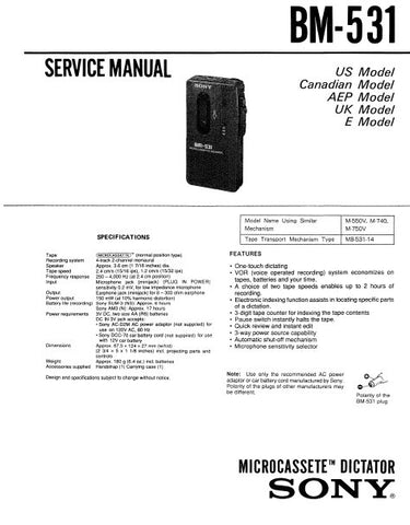 SONY BM-531 MICROCASSETTE DICTATOR SERVICE MANUAL INC PCBS SCHEM DIAG AND PARTS LIST 11 PAGES ENG