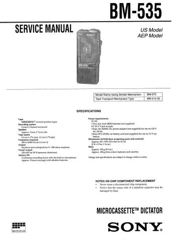 SONY BM-535 MICROCASSETTE DICTATOR SERVICE MANUAL INC PCBS SCHEM DIAG AND PARTS LIST 16 PAGES ENG