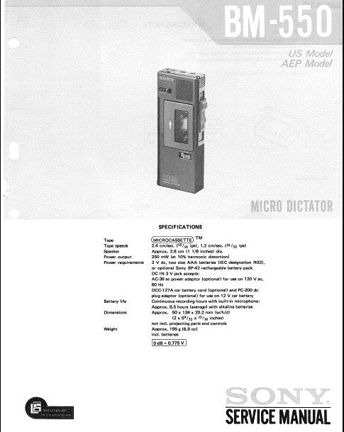 SONY BM-550 MICRO DICTATOR SERVICE MANUAL INC BLK DIAG PCBS SCHEM DIAGS AND PARTS LIST 34 PAGES ENG