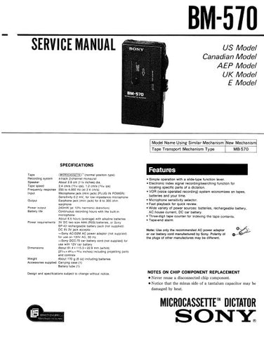 SONY BM-570 MICROCASSETTE DICTATOR SERVICE MANUAL INC BLK DIAG PCBS SCHEM DIAG AND PARTS LIST 17 PAGES ENG