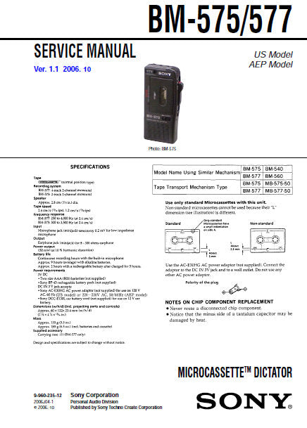 SONY BM-575 BM-577 MICROCASSETTE DICTATOR SERVICE MANUAL INC PCBS SCHEM DIAGS AND PARTS LIST 34 PAGES ENG