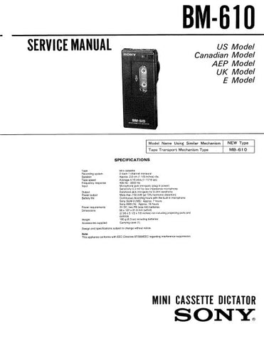SONY BM-610 MINI CASSETTE DICTATOR SERVICE MANUAL INC PCBS SCHEM DIAG AND PARTS LIST 13 PAGES ENG