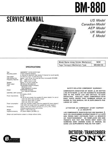 SONY BM-880 DICTATOR TRANSCRIBER SERVICE MANUAL INC PCBS SCHEM DIAG AND PARTS LIST 44 PAGES ENG