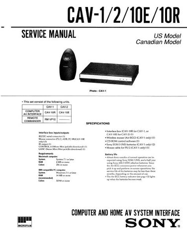 SONY CAV-1 CAV-2 CAV-10E CAV-10R COMPUTER AND HOME AV SYSTEM INTERFACE SERVICE MANUAL INC PCBS SCHEM DIAG AND PARTS LIST 28 PAGES ENG