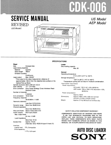 SONY CDK-006 AUTO DISC LOADER SERVICE MANUAL INC BLK DIAG PCBS SCHEM DIAGS AND PARTS LIST 96 PAGES ENG