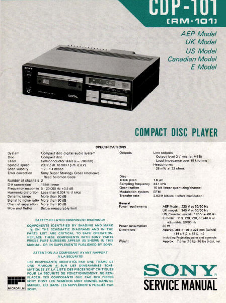 SONY CDP-101 CD PLAYER SERVICE MANUAL INC BLK DIAG PCBS SCHEM DIAGS AND PARTS LIST 78 PAGES ENG