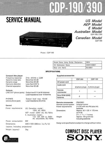 SONY CDP-190 CDP-390 CD PLAYER SERVICE MANUAL INC BLK DIAG PCBS SCHEM DIAGS AND PARTS LIST 21 PAGES ENG