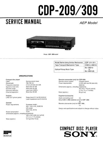 SONY CDP-209 CDP-309 CD PLAYER SERVICE MANUAL INC BLK DIAG PCBS SCHEM DIAG AND PARTS LIST 23 PAGES ENG