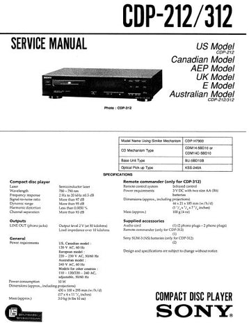SONY CDP-212 CDP-312 CD PLAYER SERVICE MANUAL INC BLK DIAG PCBS SCHEM DIAG AND PARTS LIST 29 PAGES ENG