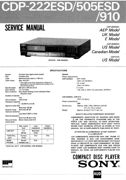 SONY CDP-222ESD CDP-505ESD CDP-910 CD PLAYER SERVICE MANUAL INC PCBS SCHEM DIAG AND PARTS LIST 27 PAGES ENG