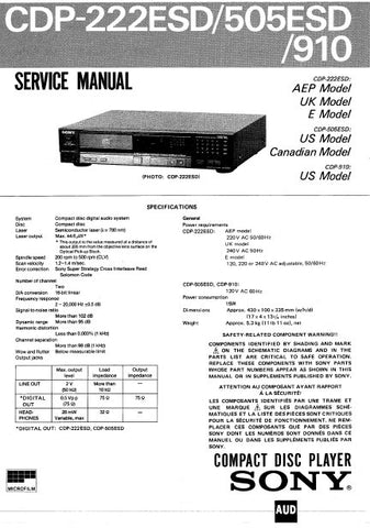 SONY CDP-222ESD CDP-505ESD CDP-910 CD PLAYER SERVICE MANUAL INC PCBS SCHEM DIAG AND PARTS LIST 27 PAGES ENG