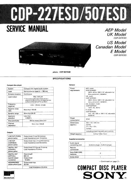 SONY CDP-227ESD CDP-5O7ESD CD PLAYER SERVICE MANUAL INC PCBS SCHEM DIAGS AND PARTS LIST 25 PAGES ENG