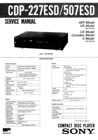 SONY CDP-227ESD CDP-5O7ESD CD PLAYER SERVICE MANUAL INC PCBS SCHEM DIAGS AND PARTS LIST 25 PAGES ENG