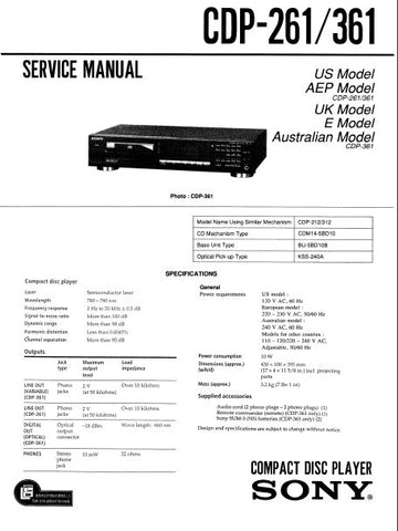 SONY CDP-261 CDP-361 CD PLAYER SERVICE MANUAL INC BLK DIAG PCBS SCHEM DIAG AND PARTS LIST 36 PAGES ENG