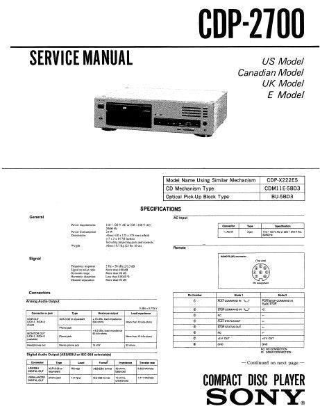 SONY CDP-2700 CD PLAYER SERVICE MANUAL INC BLK DIAG PCBS SCHEM DIAG AND PARTS LIST 28 PAGES ENG