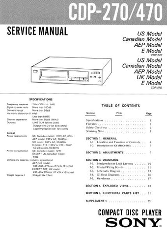 SONY CDP-270 CDP-470 CD PLAYER SERVICE MANUAL INC PCBS SCHEM DIAG AND PARTS LIST 24 PAGES ENG