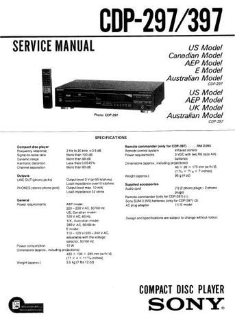 SONY CDP-297 CDP-397 CD PLAYER SERVICE MANUAL INC BLK DIAG PCBS SCHEM DIAG AND PARTS LIST 27 PAGES ENG