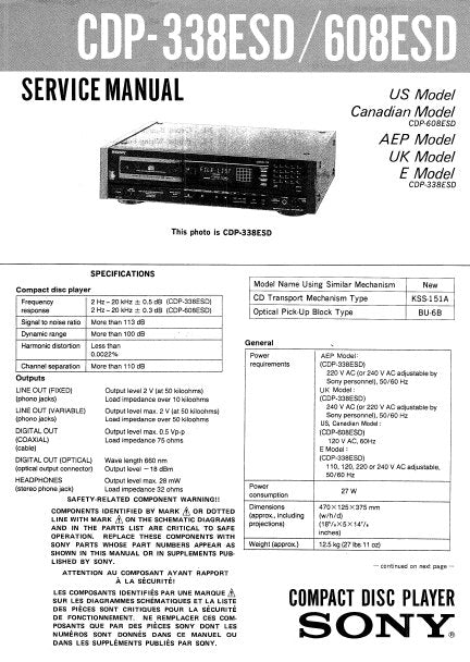 SONY CDP-338ESD CDP-608ESD CD PLAYER SERVICE MANUAL INC PCBS SCHEM DIAG AND PARTS LIST 20 PAGES ENG