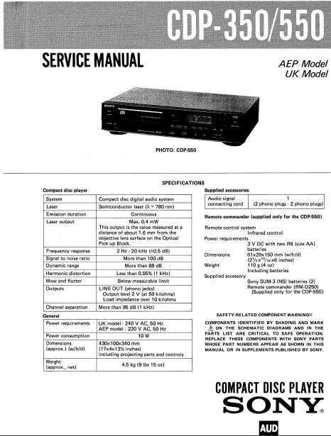 SONY CDP-350 CDP-550 CD PLAYER SERVICE MANUAL INC PCBS SCHEM DIAG AND PARTS LIST 21 PAGES ENG