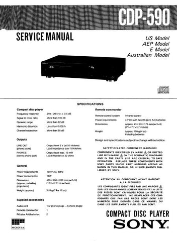 SONY CDP-590 CD PLAYER SERVICE MANUAL INC PCBS SCHEM DIAG AND PARTS LIST 21 PAGES ENG