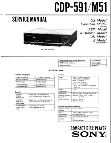 SONY CDP-591 CDP-M51 CD PLAYER SERVICE MANUAL INC PCBS SCHEM DIAG AND PARTS LIST 25 PAGES ENG