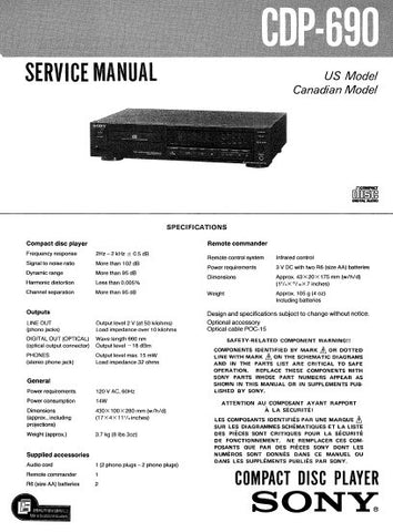 SONY CDP-690 CD PLAYER SERVICE MANUAL INC PCBS SCHEM DIAG AND PARTS LIST 20 PAGES ENG