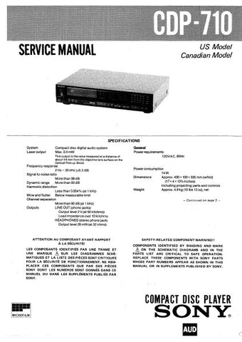 SONY CDP-710 CD PLAYER SERVICE MANUAL INC PCBS SCHEM DIAG AND PARTS LIST 24 PAGES ENG