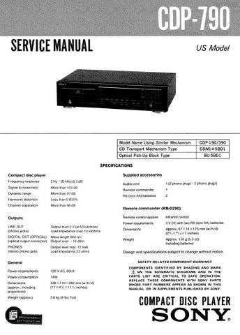 SONY CDP-790 CD PLAYER SERVICE MANUAL INC PCBS SCHEM DIAG AND PARTS LIST 15 PAGES ENG