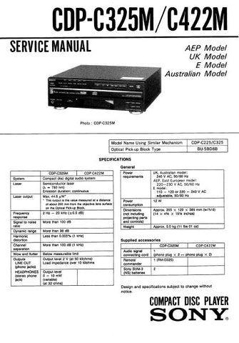 SONY CDP-C325M CDP-C422M CD PLAYER SERVICE MANUAL INC PCBS SCHEM DIAG AND PARTS LIST 20 PAGES ENG