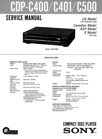 SONY CDP-C400 CDP-C401 CDP-C500 CD PLAYER SERVICE MANUAL INC PCBS SCHEM DIAG AND PARTS LIST 18 PAGES ENG