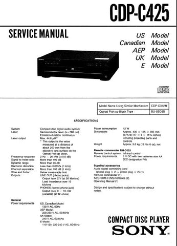 SONY CDP-C425 CD PLAYER SERVICE MANUAL INC PCBS SCHEM DIAG AND PARTS LIST 22 PAGES ENG