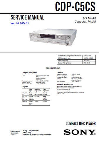 SONY CDP-C5CS CD PLAYER SERVICE MANUAL INC BLK DIAG PCBS SCHEM DIAGS AND PARTS LIST 40 PAGES ENG